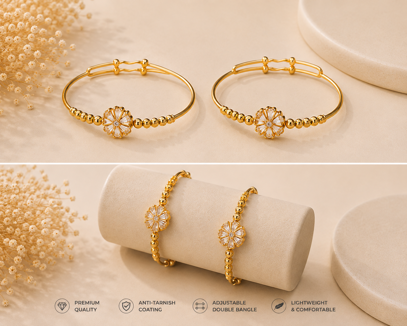 Gold Floral Adjustable Bangle Set (2 Pieces) -02
