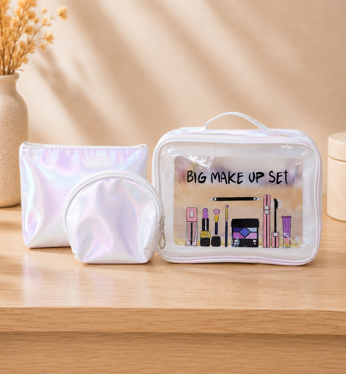 3-Piece Holographic Makeup & Travel Organizer Set