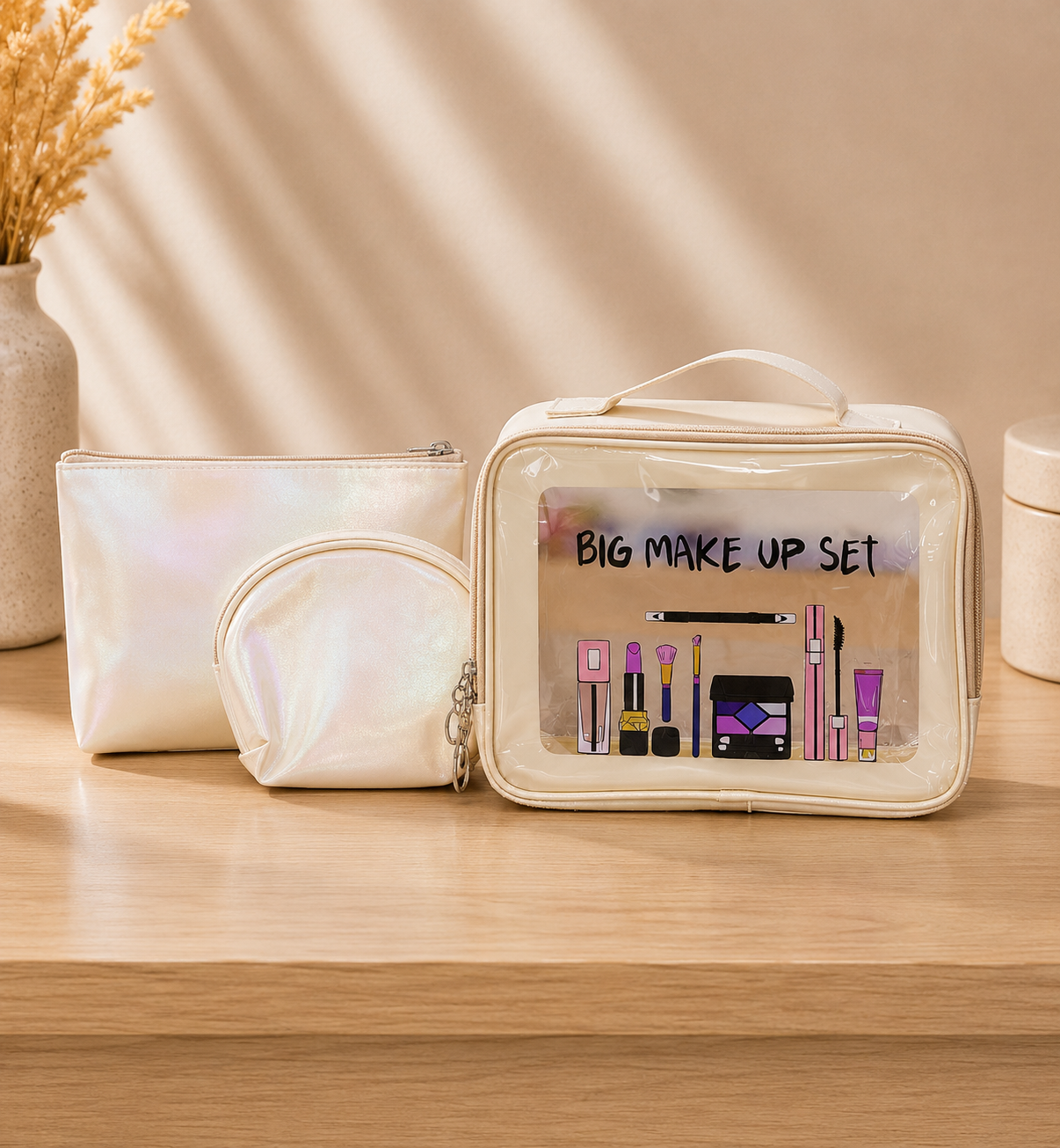 3-Piece Holographic Makeup & Travel Organizer Set