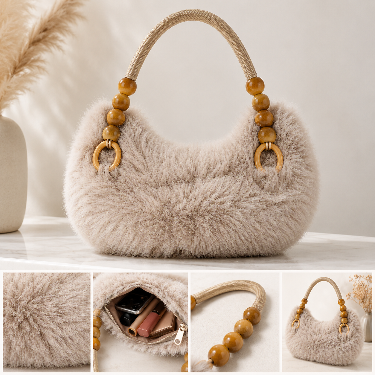 Autumn & Winter Faux Mink Plush Half Moon Handbag