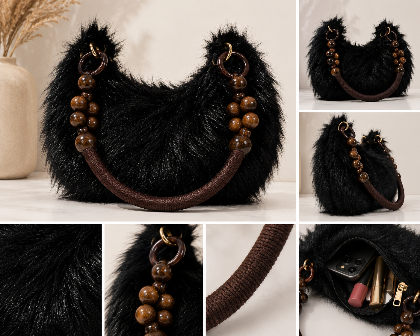 Autumn & Winter Faux Mink Plush Half Moon Handbag