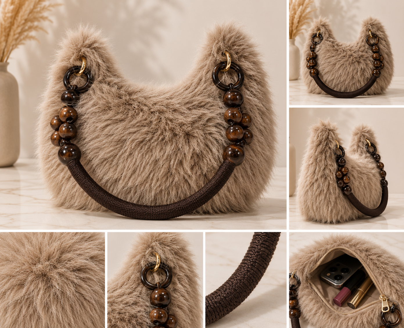 Autumn & Winter Faux Mink Plush Half Moon Handbag