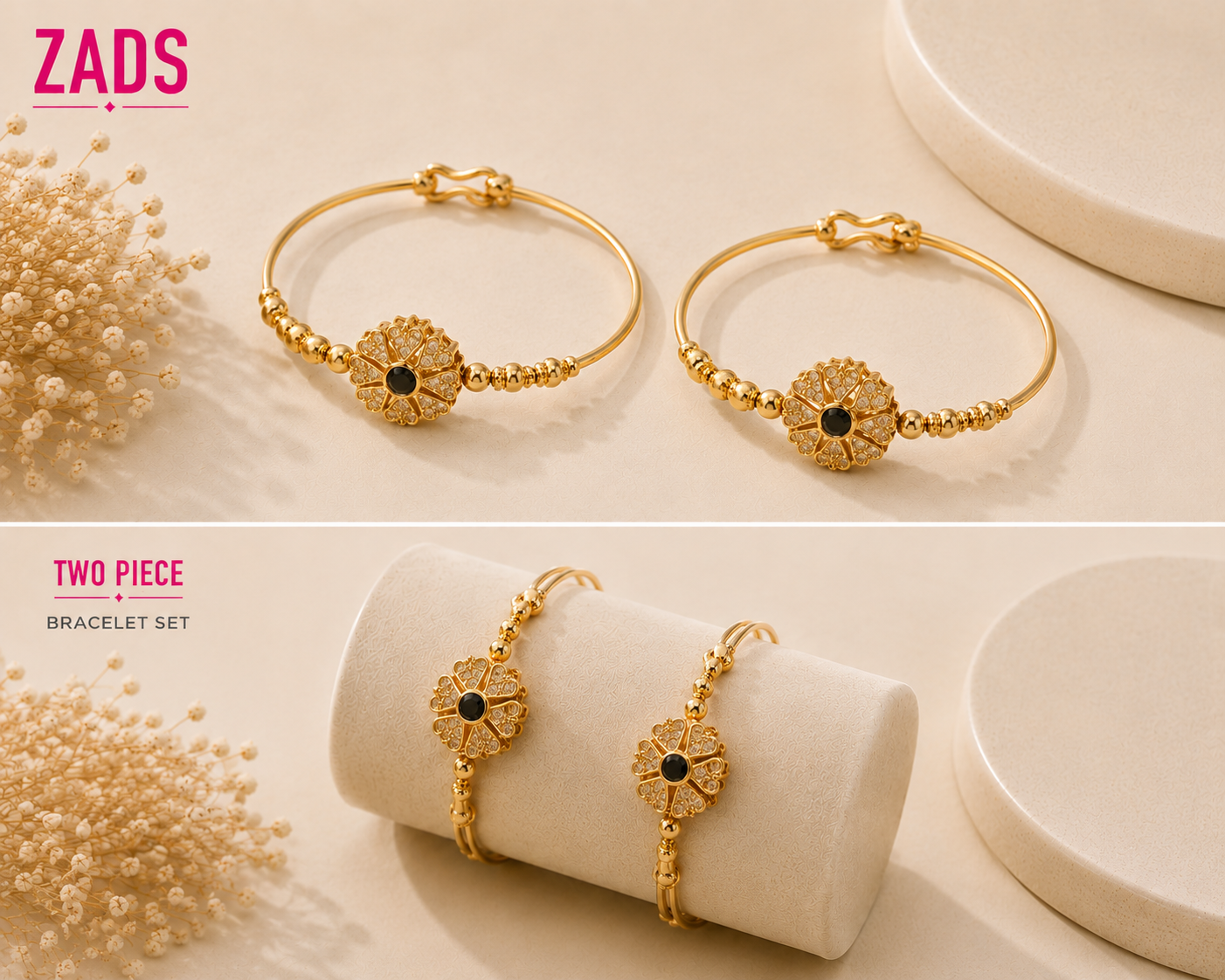 Gold Floral Adjustable Bangle Set (2 Pieces)