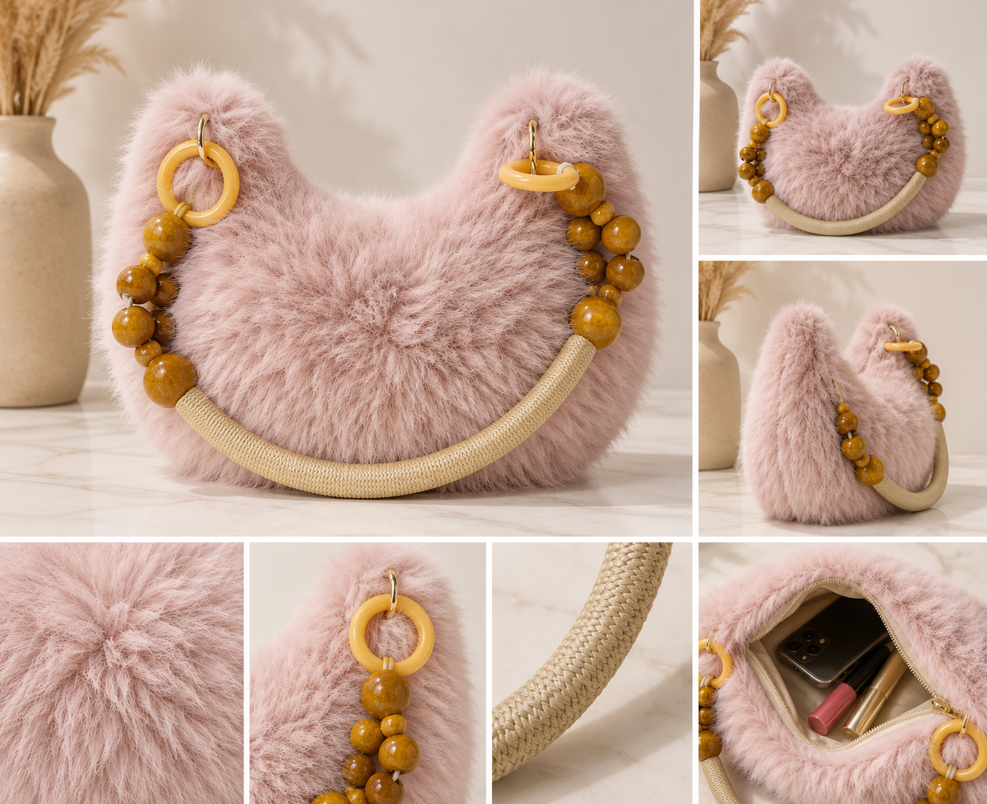 Autumn & Winter Faux Mink Plush Half Moon Handbag