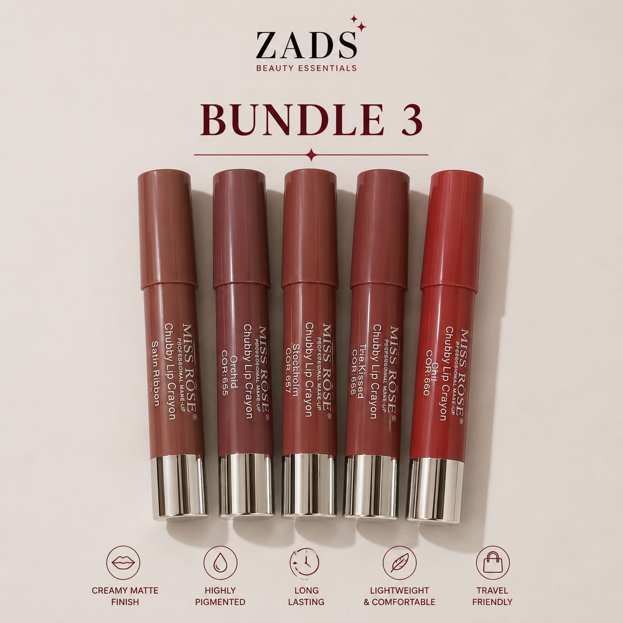 Miss Rose Matte Batom Stick Crayon - Set of 5