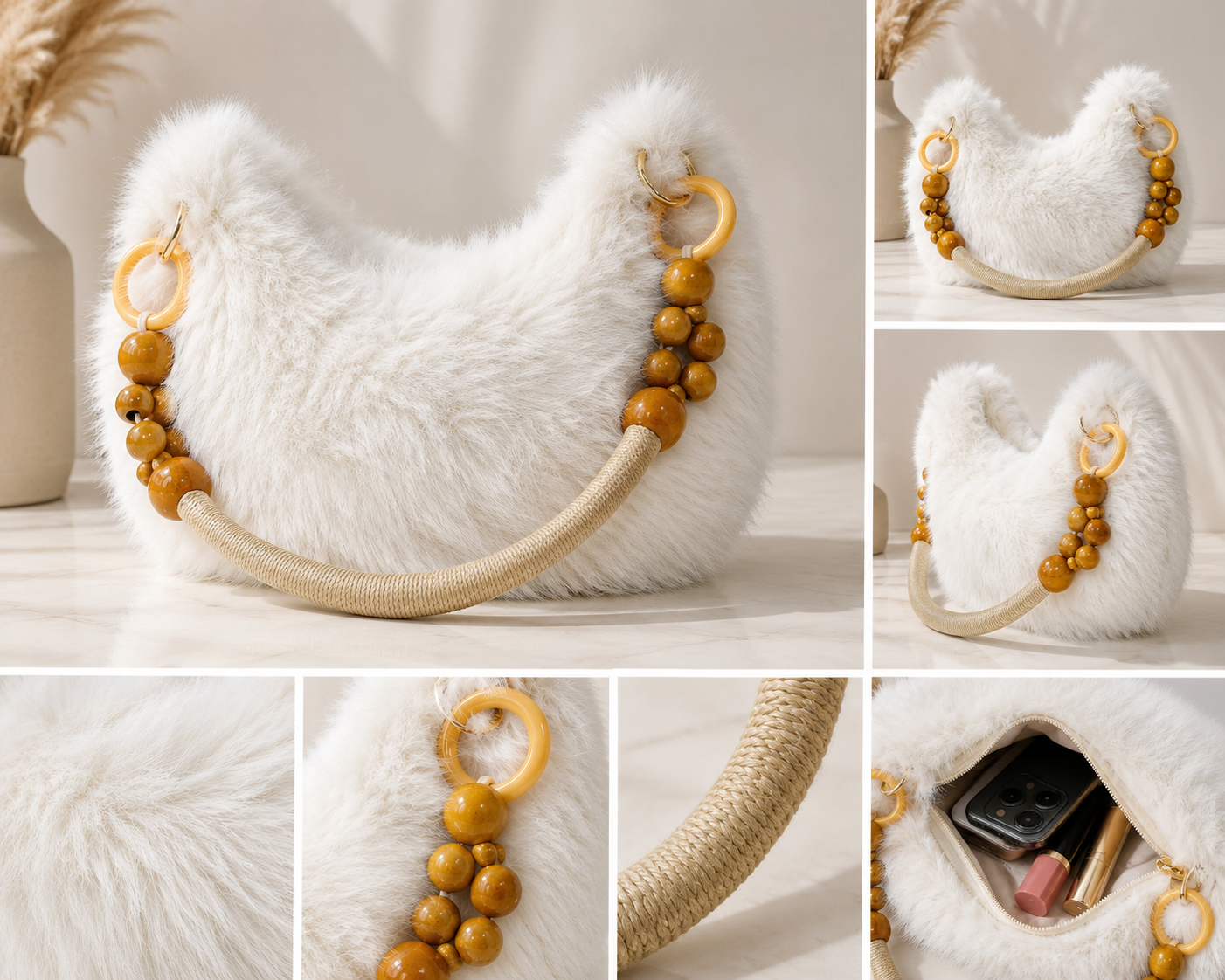 Autumn & Winter Faux Mink Plush Half Moon Handbag